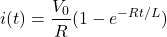 \begin{equation*}    i(t) = \frac{V_0}{R}(1 - e^{-Rt/L}) \end{equation*}