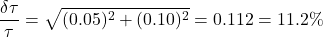 \[\frac{\delta\tau}{\tau} = \sqrt{(0.05)^2 + (0.10)^2} = 0.112 = 11.2\%\]