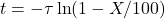 t = -\tau \ln(1 - X/100)
