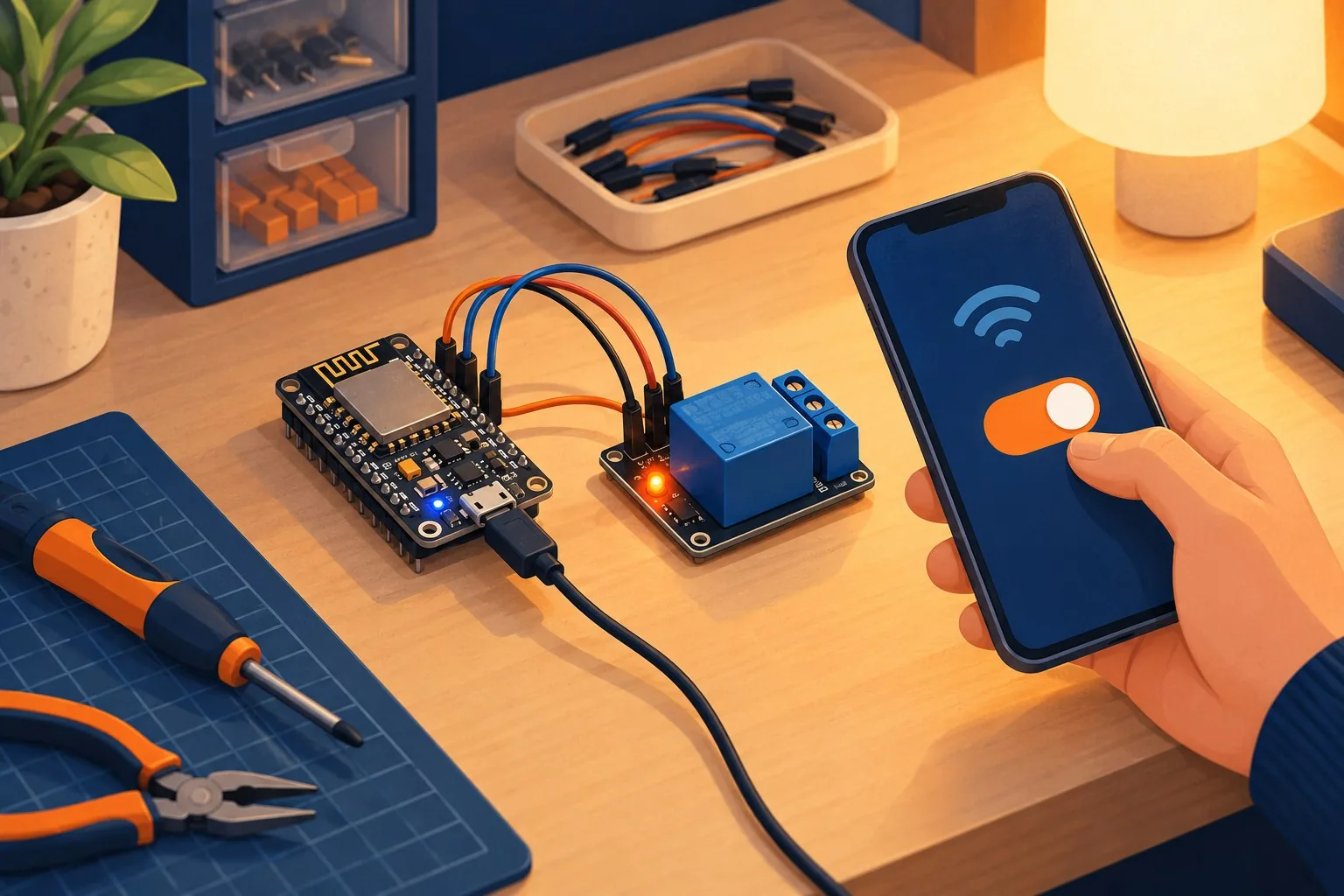 A phone controlling a low-voltage WiFi switch built with a microcontroller and relay.