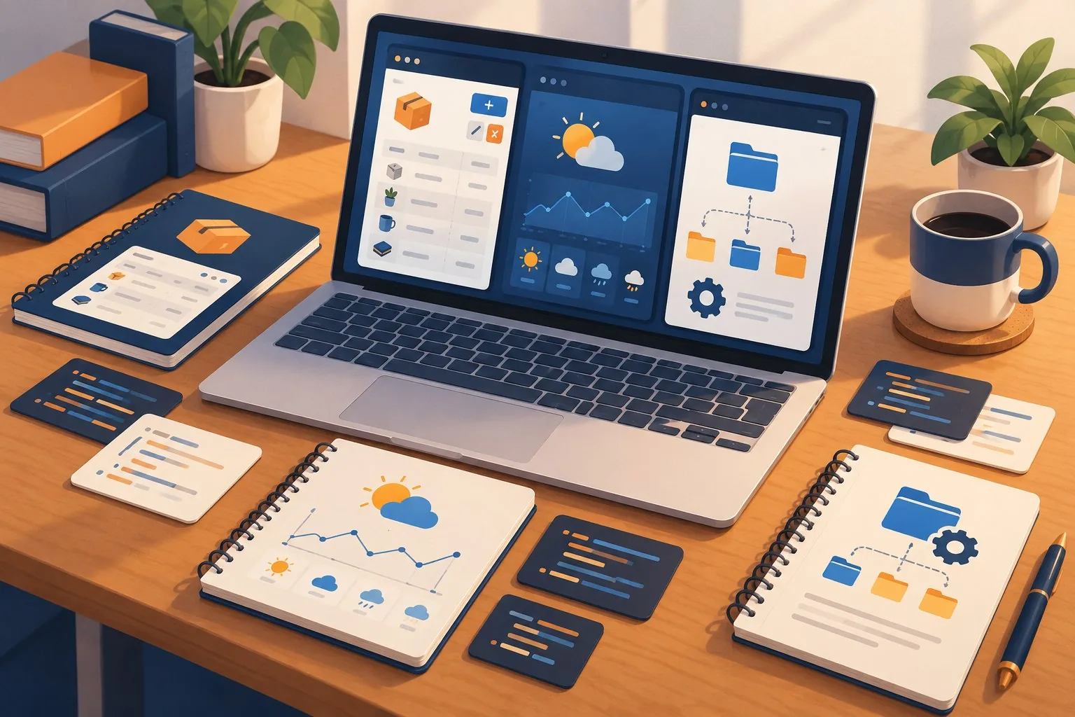 A laptop presenting inventory, weather, and file automation projects.