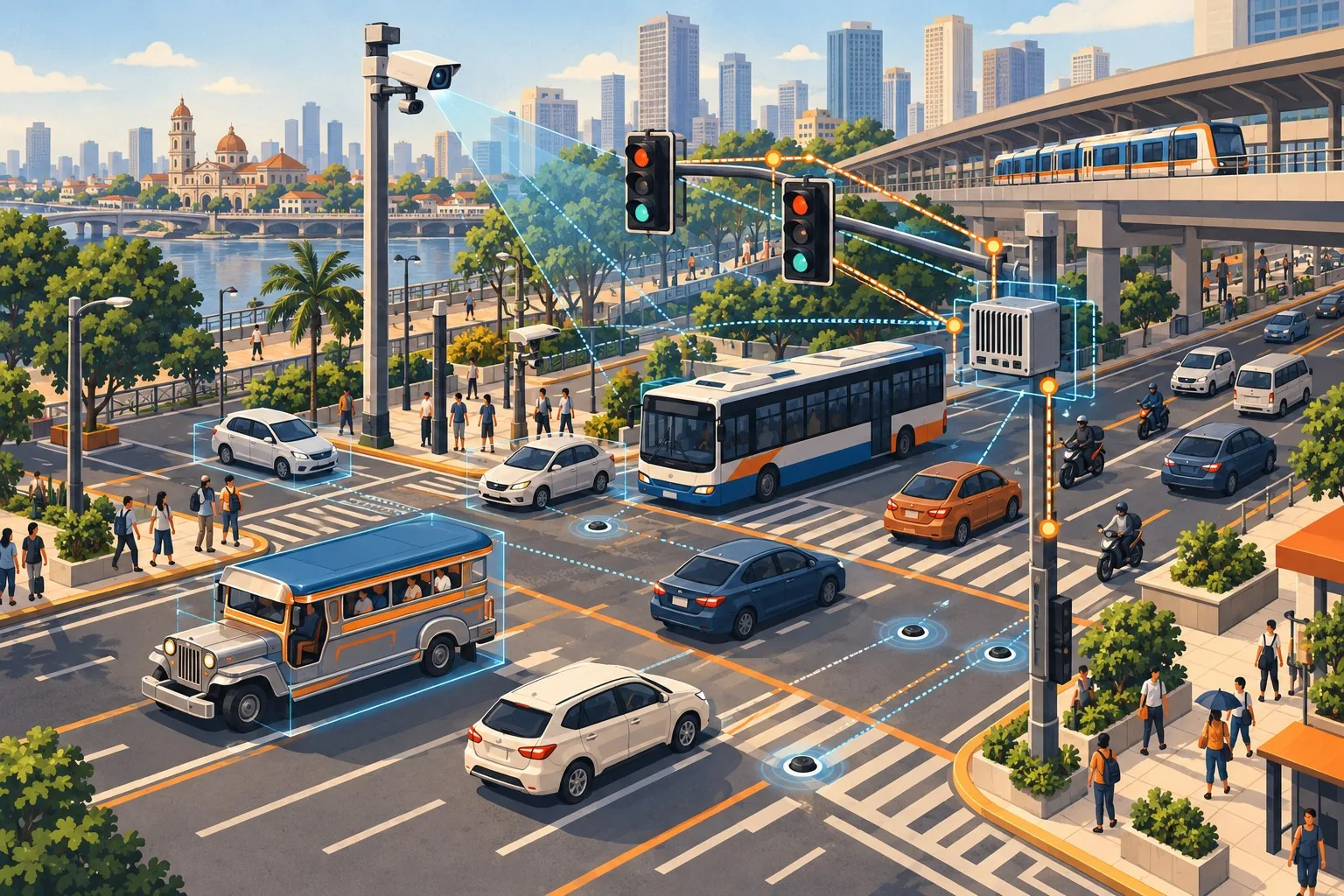 A Manila-inspired intersection with a jeepney, bus, traffic sensors, and connected signals.