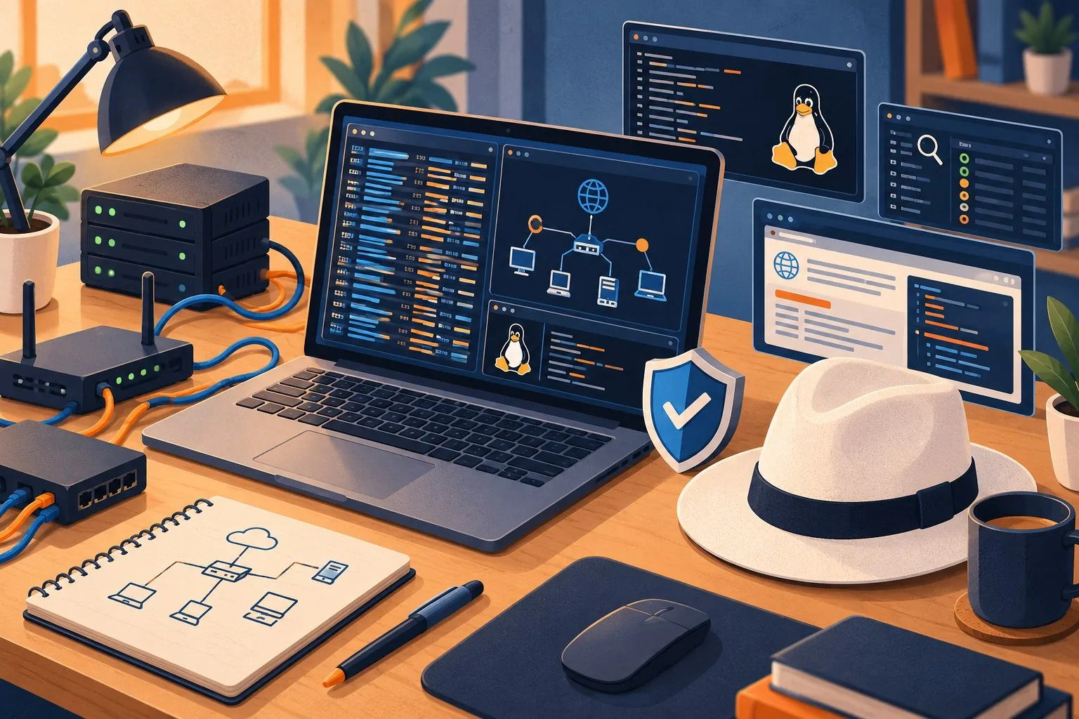 An ethical cybersecurity lab with a laptop, connected devices, and a protective shield.
